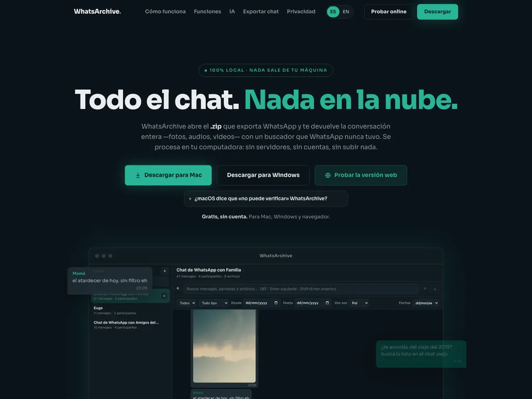 Screenshot of the site of WhatsArchive